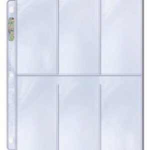 1 x Box of 100, 6-Pocket pages. Ultra PRO Platinum Hologram Pages in six-pocket vertical style. Archival quality pages that holds cards 2-1/2″ X 5-1/4″ or smaller; ideal for long trading cards, coupons and other collectibles.