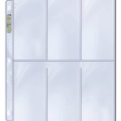 1 x Box of 100, 6-Pocket pages. Ultra PRO Platinum Hologram Pages in six-pocket vertical style. Archival quality pages that holds cards 2-1/2″ X 5-1/4″ or smaller; ideal for long trading cards, coupons and other collectibles.