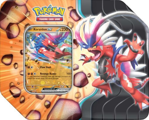 Pokémon TCG: Slashing Legends Tin Two powerful Legendary Pokémon, each one ready to tear through the opposition in your next Pokémon TCG match! Will you save the day with Zacian ex, or perhaps you’d like to take Koraidon ex for a spin? Regardless of your choice, you’ll find lots of support in the 5 included booster packs. The Pokémon TCG: Slashing Legends Tin includes: • 1 foil promo card featuring Zacian ex or Koraidon ex • 5 Pokémon TCG booster packs • A code card for Pokémon TCG Live